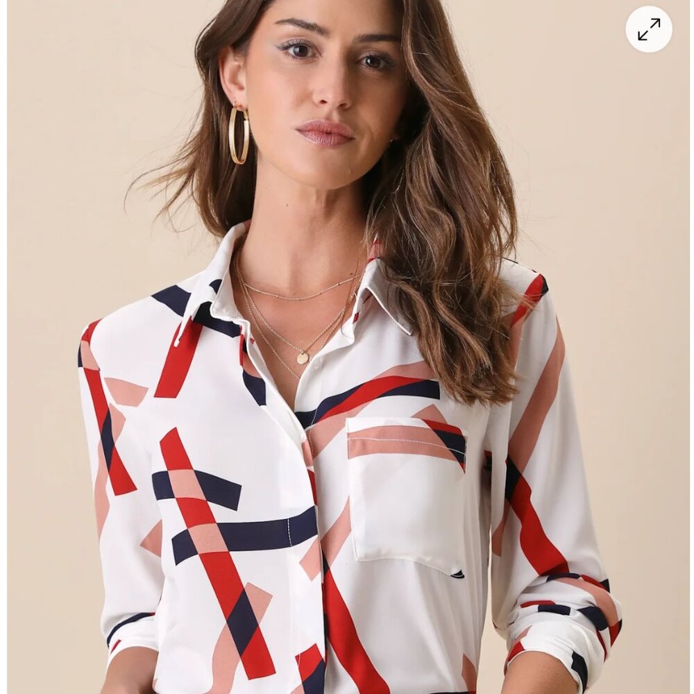 Lulus Camrose White Geometric Print Button-up Long Sleeve Top - Size L